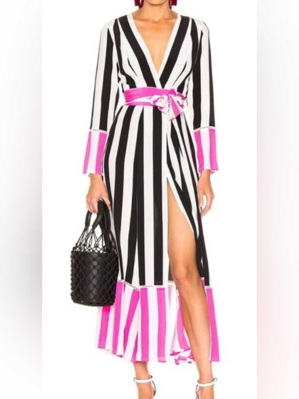 We are Leone Contrast maxi cardigan / robe, black white and pink , silk ,XS/S